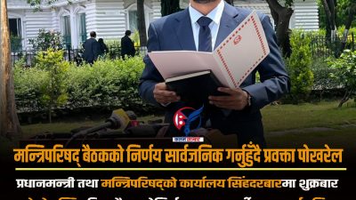 मन्त्रिपरिषद् बैठकको निर्णय सार्वजनिक गर्नुहुँदै सरकारका प्रवक्ता पोखरेल